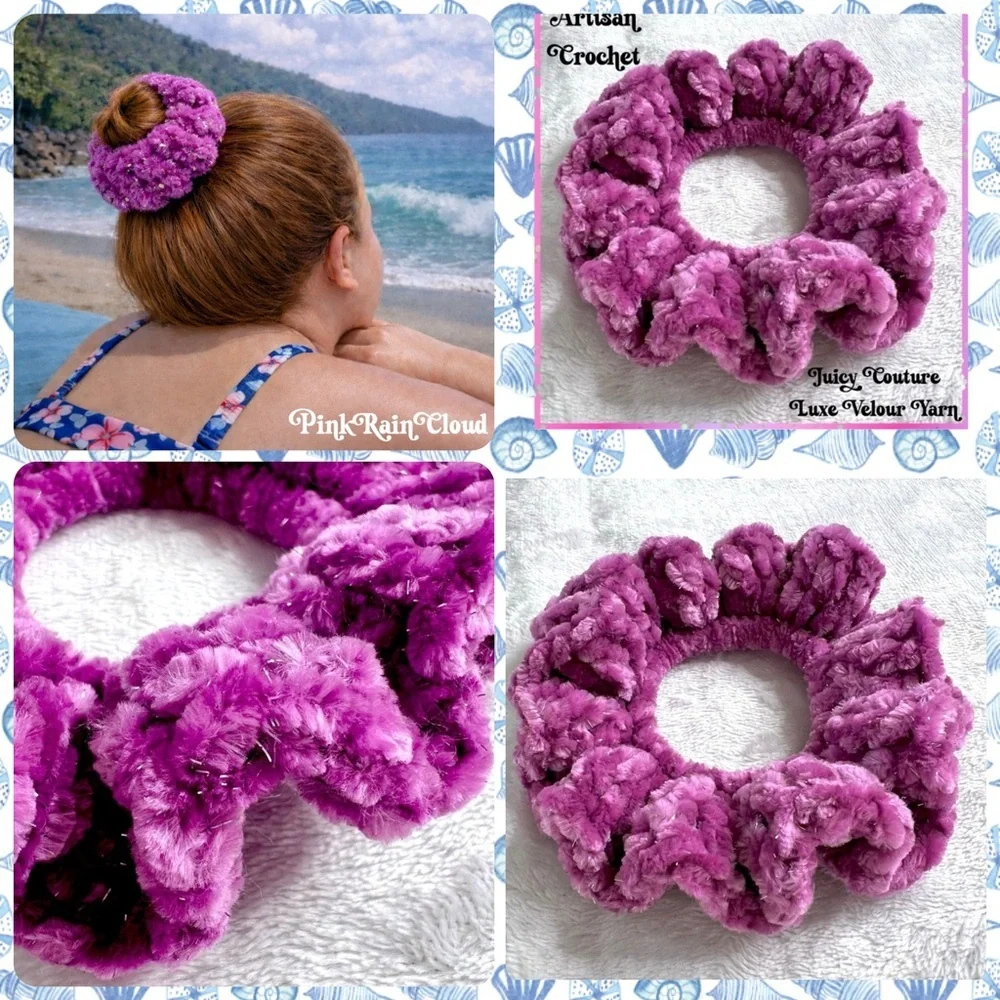 Handmade Crochet VELVET Luxe Pinkish Purple Hair Scrunchie PinkRainCloud